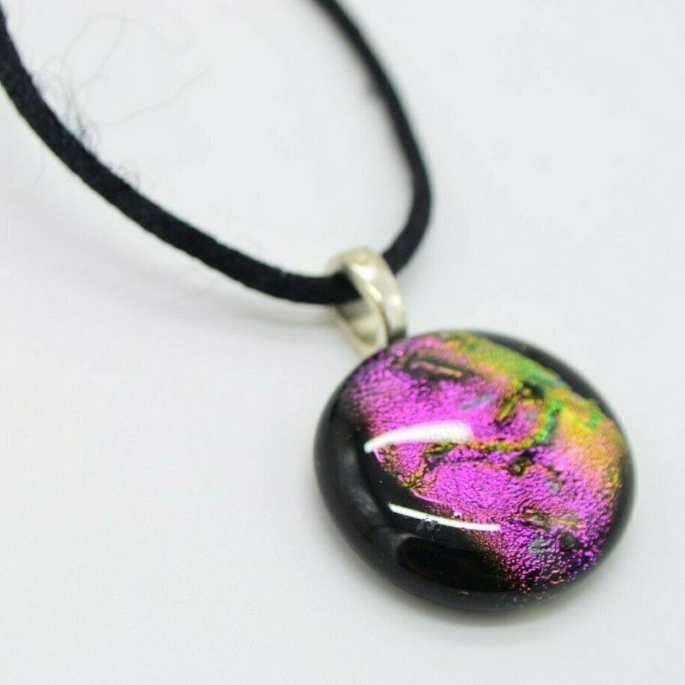 Purple Pink Metallic Art Glass Pendant Black Cord